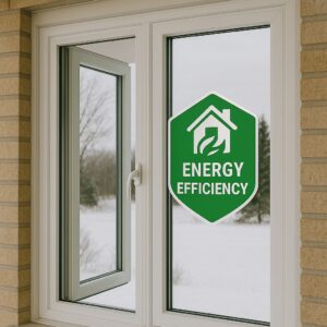 A modern energy-efficient casement window is shown partially open with a green “Energy Efficiency” label featuring a house and leaf symbol, highlighting sustainable window design. Snowy outdoor scenery and brick siding frame the image.