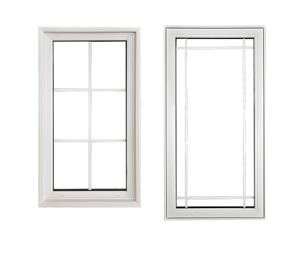White vinyl window frames showing colonial six-lite grille and prairie craftsman grille style options available for Winnipeg homes