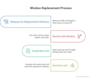 Window replacement process chart showing four steps: measure, remove old window, install new unit, and seal with foam and caulk.