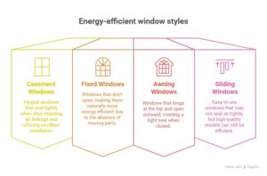 Infographic titled “Energy-efficient window styles” showing four types: Casement Windows (tight-sealing, ventilated), Fixed Windows (non-opening, most efficient), Awning Windows (top-hinged, tight seal), and Sliding Windows (convenient, efficient with quality models). Each style is paired with an icon and description.