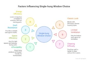 Infographic titled “Factors Influencing Single-hung Window Choice,” showing seven pros and cons of single hung windows.