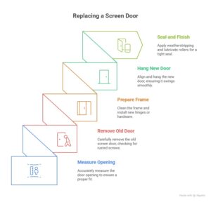 Infographic showing five steps to replace a screen door: measure opening, remove old door, prepare frame, hang new door, and seal and finish.