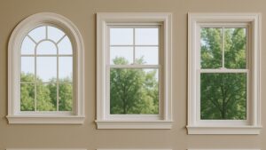 Three different window styles—arched, double-hung with grid, and plain double-hung—are shown side by side, framed in white against a beige wall.
