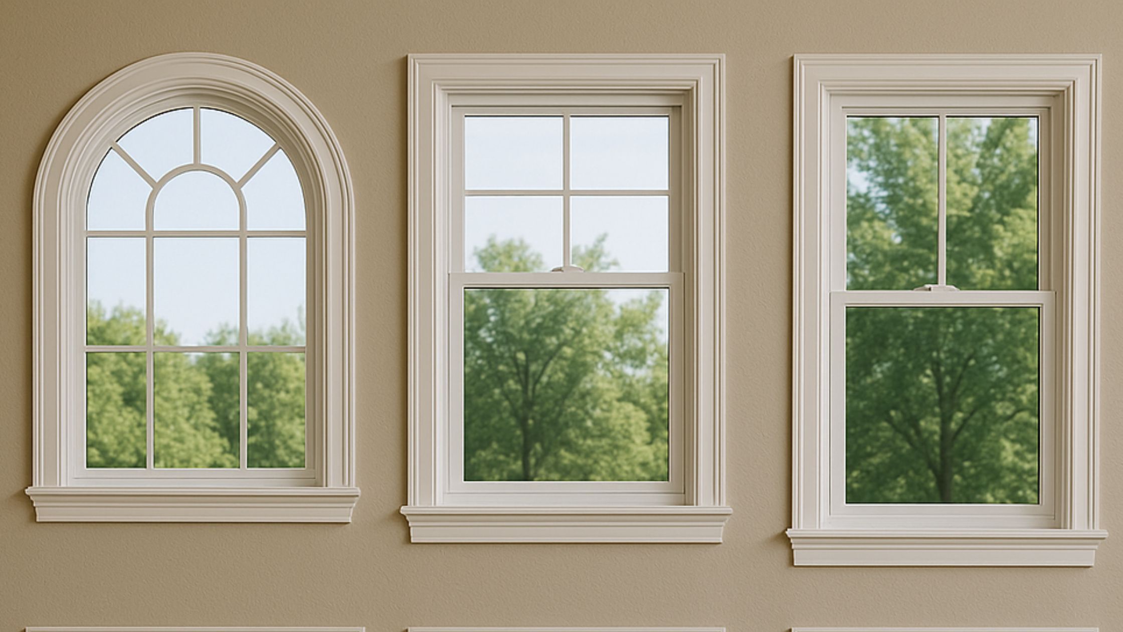 Three different window styles—arched, double-hung with grid, and plain double-hung—are shown side by side, framed in white against a beige wall.