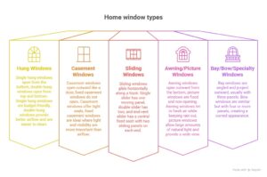 Infographic listing five types of home windows—Hung, Casement, Sliding, Awning/Picture, and Bay/Bow/Specialty—each with a description and icon.