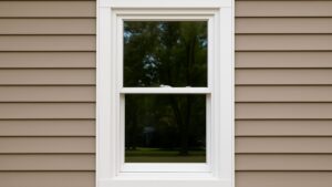 Close-up of a white single-hung window installed on a beige vinyl-sided exterior wall, showing the lower sash slightly open with a view of trees outside.