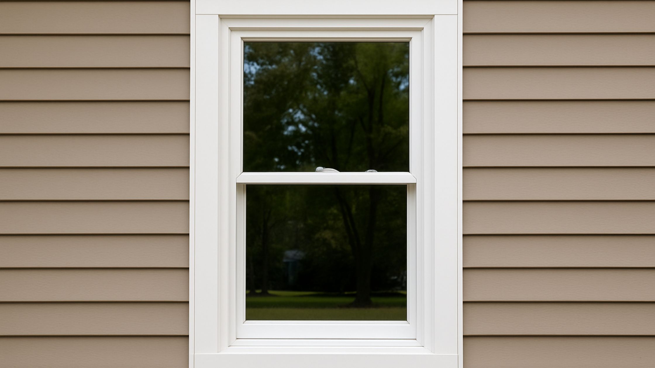 Close-up of a white single-hung window installed on a beige vinyl-sided exterior wall, showing the lower sash slightly open with a view of trees outside.