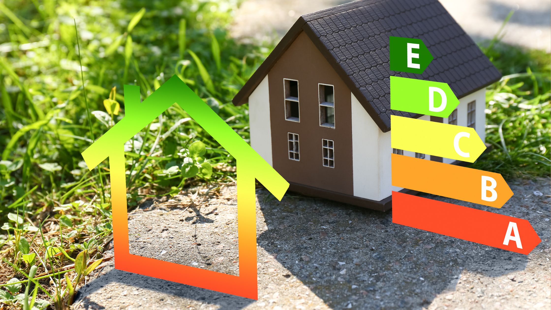 A miniature house model sits on a grassy surface with a colorful energy efficiency rating chart (A to E) and a stylized gradient house icon representing energy performance, symbolizing home energy efficiency.