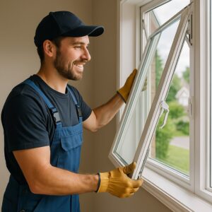 Smiling technician wearing gloves and overalls carefully installing a white casement window inside a home during a professional window replacement service.