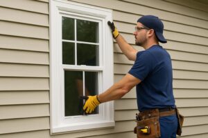 A professional installer in a navy uniform and yellow gloves aligns a white single-hung window on the exterior of a beige vinyl-sided house, using precision and tools from a belt pouch.