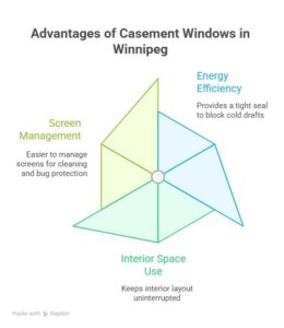 Infographic titled "Advantages of Casement Windows in Winnipeg" showing a radial chart highlighting benefits such as energy efficiency, screen management, and interior space use.