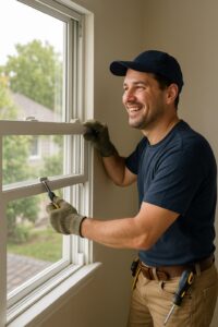A smiling window technician in work gloves and a navy cap adjusts a white double-hung window using a screwdriver, standing inside a home with a green suburban view outside.