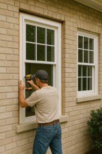 A construction worker uses a power drill to install a new window into a brick house exterior during a home renovation or window replacement project.