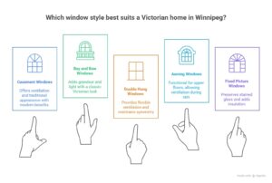 Infographic comparing five window styles for Victorian homes in Winnipeg—Casement, Bay and Bow, Double Hung, Awning, and Fixed Picture—highlighting benefits such as ventilation, classic look, symmetry, weather protection, and insulation.