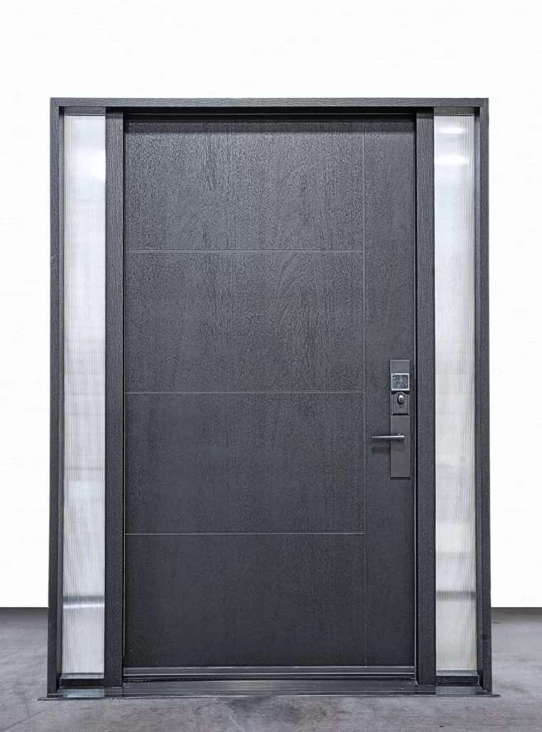 Charcoal fiberglass entry door with wood grain texture, ribbed glass double sidelites and smart keypad lock for Winnipeg homes