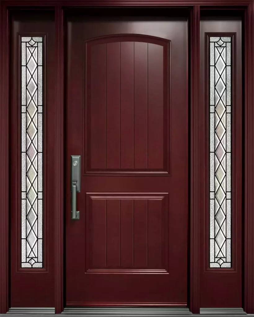 Deep mahogany fiberglass entry door with arched panel and decorative leaded glass double sidelites installed in Winnipeg home