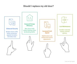 Infographic showing four benefits of replacing an old door—security, energy efficiency, curb appeal, and low maintenance, each with icons and hand graphics.