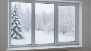 View through triple pane windows showing a snowy winter landscape with frosted trees and a snow-covered evergreen, highlighting insulation benefits.