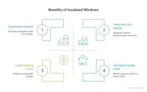 Infographic showing benefits of upgrading to insulated windows in Winnipeg homes, including consistent comfort, improved curb appeal, lower heating costs, and increased resale value.