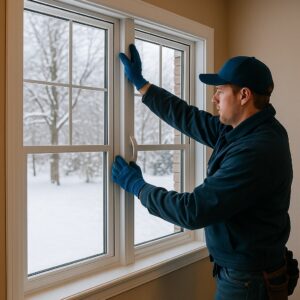 Technician installing insulated windows in a Winnipeg home during winter, ensuring airtight seal and maximum energy efficiency.