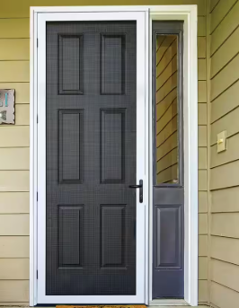 Black aluminum mesh screen door with white frame and sidelite installed on Winnipeg home exterior with vinyl siding