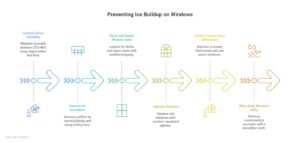 Infographic titled “Preventing Ice Buildup on Windows” showing six steps: control indoor humidity, improve air circulation, check and repair window seals, upgrade windows, reduce temperature differences, and wipe away moisture early.