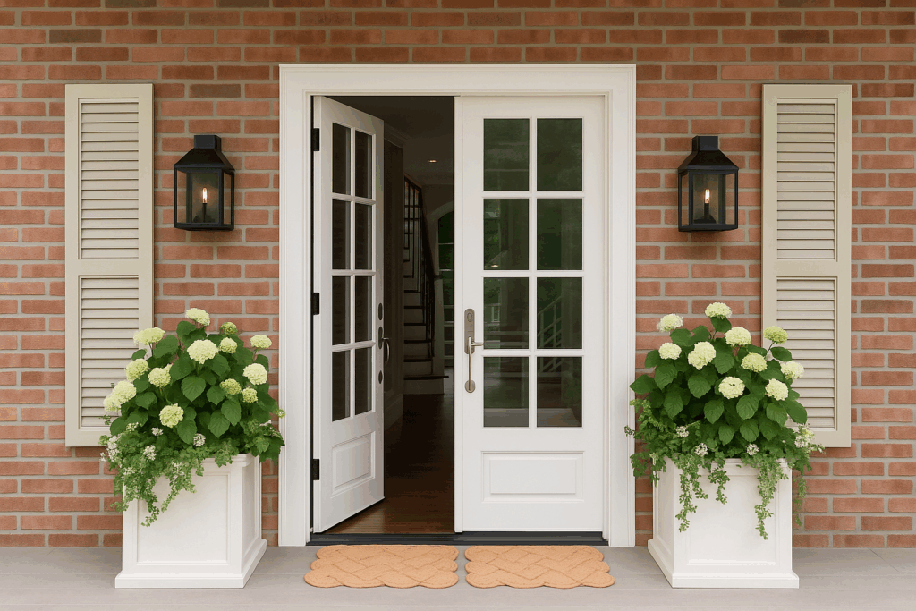 White French entry door with eight-lite glass panels open on Winnipeg brick home exterior with decorative shutters