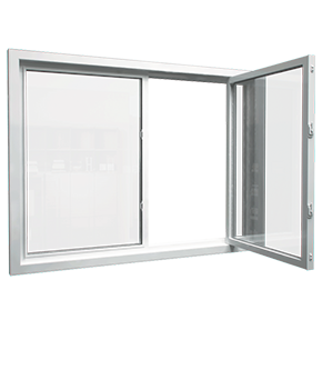 White vinyl casement window shown open at 90 degrees with hinged sash and screen for Winnipeg homes