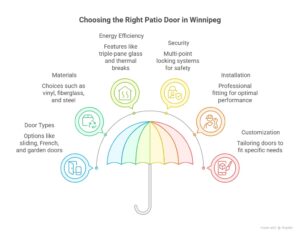 Infographic on things to consider while choosing a patio door in Winnipeg, covering energy efficiency, materials, door types, security, installation, and customization.