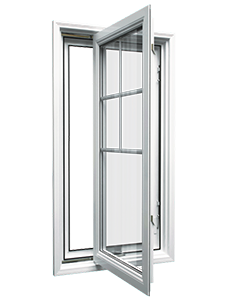 White vinyl casement window with colonial grilles shown fully open on hinges for maximum ventilation in Winnipeg homes