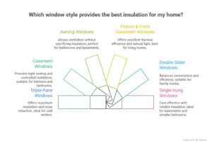 Infographic comparing window styles for maximum insulation in Winnipeg homes, including triple-pane, casement, awning, picture, slider, and single hung windows.
