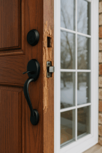 Close-up of a wooden front door with a black handle and deadbolt, showing visible damage to the door frame near the lock mechanism.