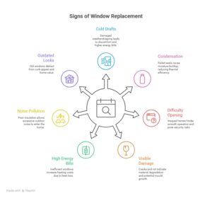 Infographic titled “Signs of Window Replacement” featuring eight issues: cold drafts, condensation, difficulty opening, visible damage, high energy bills, noise pollution, outdated looks, and reduced curb appeal.