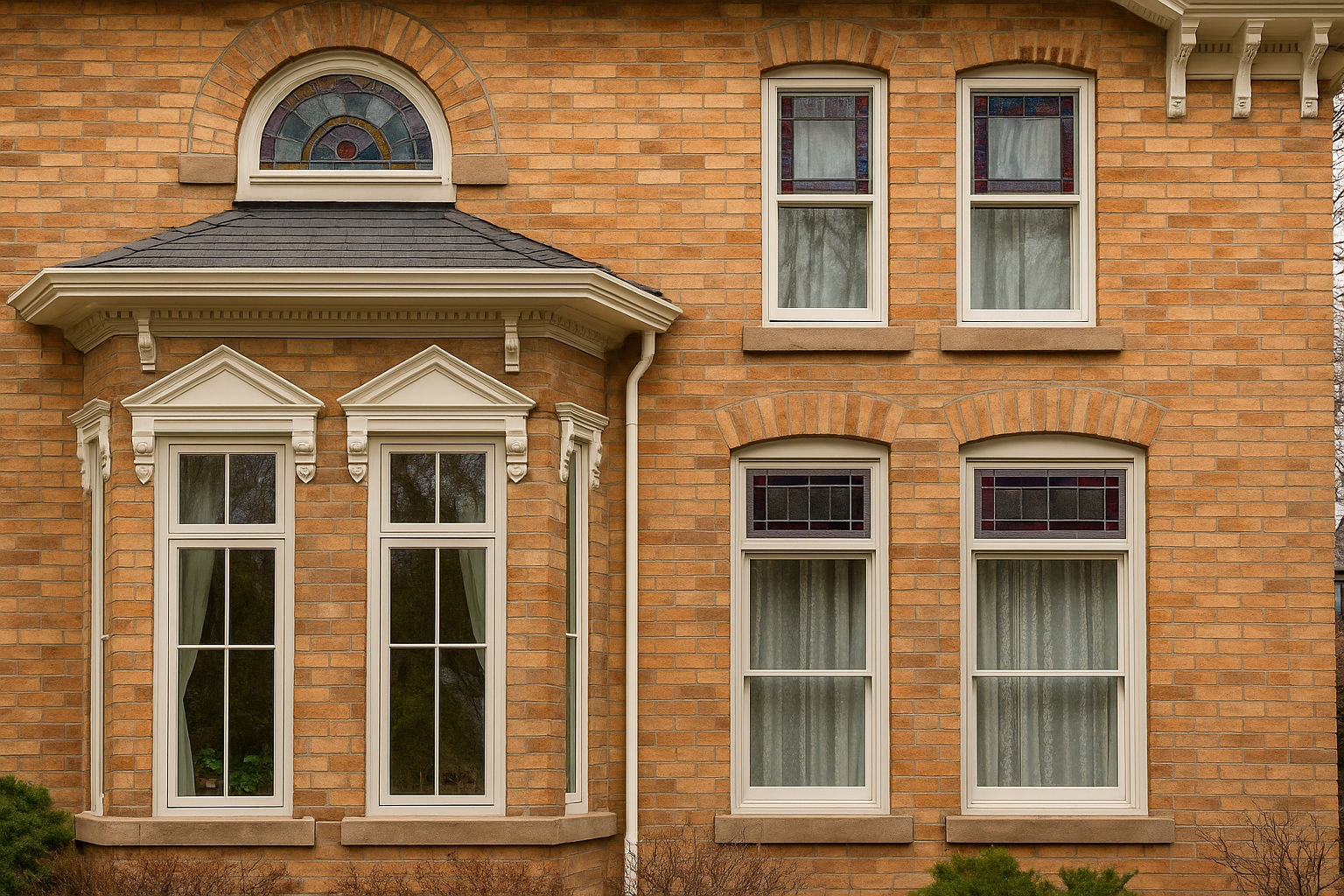 Front exterior of traditional brick home with white vinyl bay window and double hung windows with decorative stained glass transoms