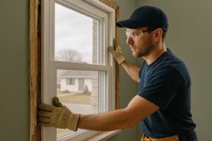 Professional window installer wearing safety glasses and gloves fits a new double hung window into a residential wall opening during a replacement project.