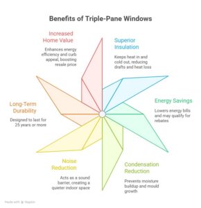Infographic titled “Benefits of Triple-Pane Windows” showing six advantages: increased home value, superior insulation, energy savings, condensation reduction, noise reduction, and long-term durability.
