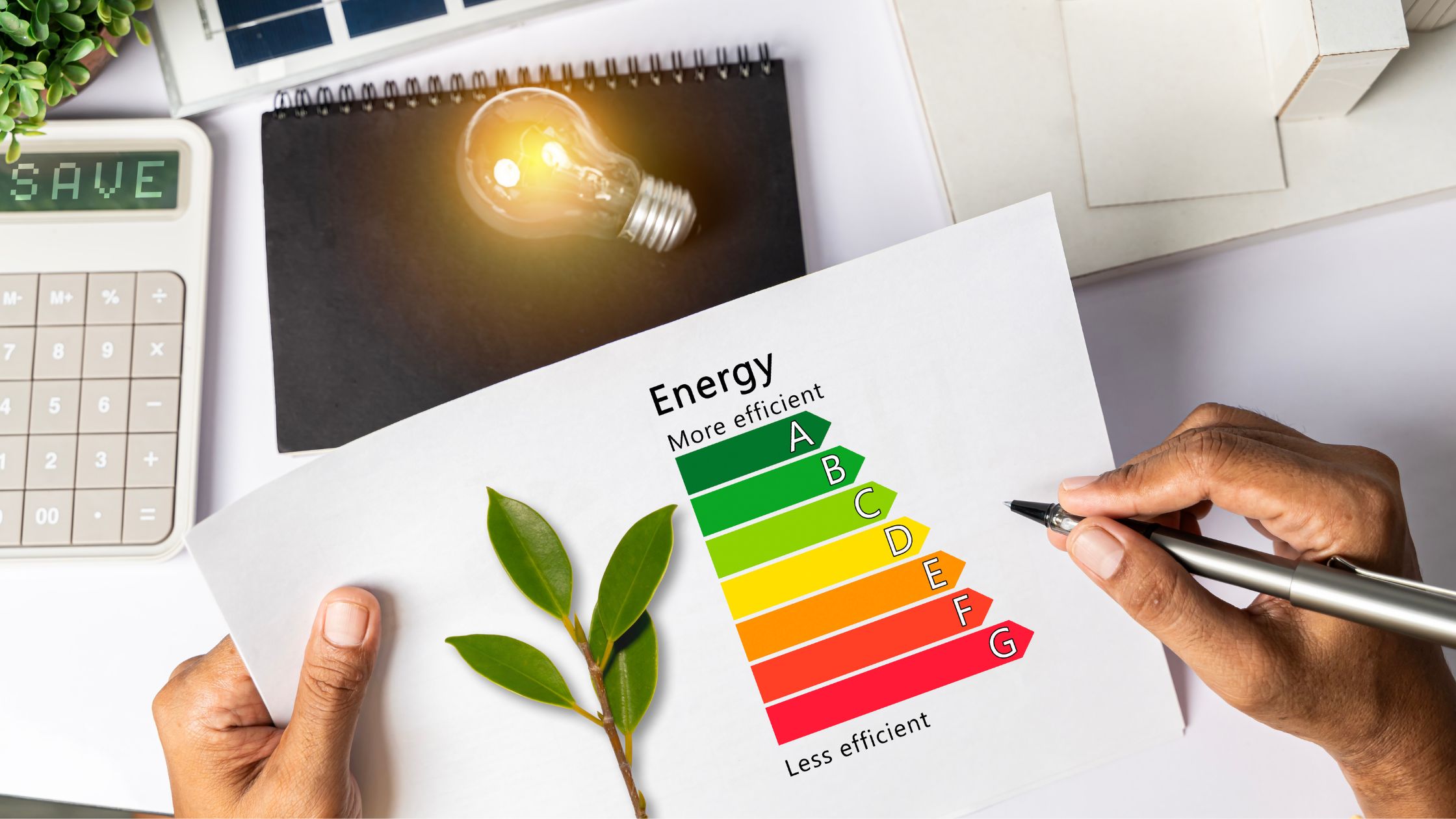 Chart showing energy efficiency ratings with green to red scale, calculator, and eco-leaf symbolizing the benefits of energy-efficient windows for Winnipeg homes.