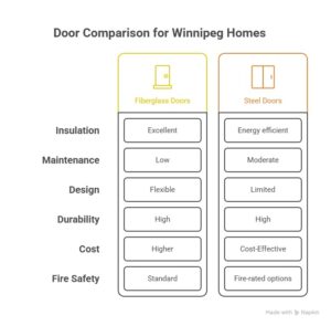Infographic comparing fiberglass vs. steel doors for Winnipeg homes, showing differences in insulation, maintenance, design, durability, cost, and fire safety.