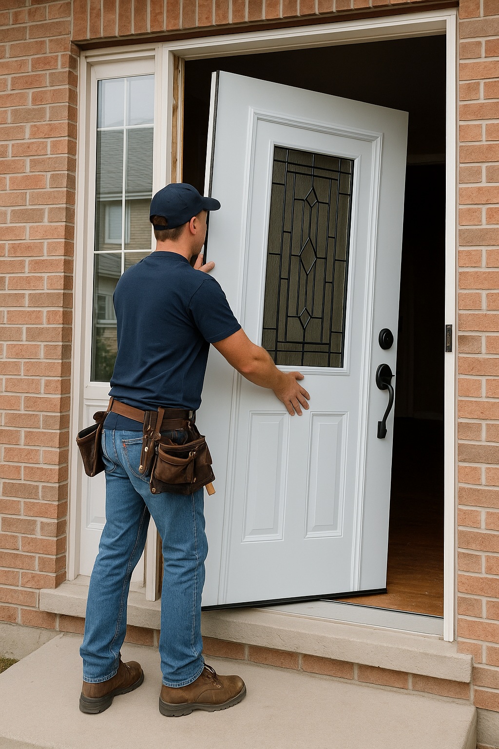 Professional installer replacing a front door in Winnipeg home, expert door replacement service for signs like drafts, damage, and poor insulation.