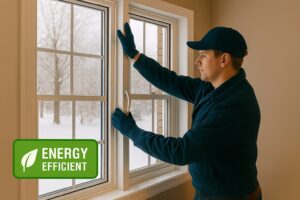 Technician installing energy-efficient windows in a Winnipeg home during winter, highlighting the benefits of energy-efficient windows for comfort and lower heating costs.