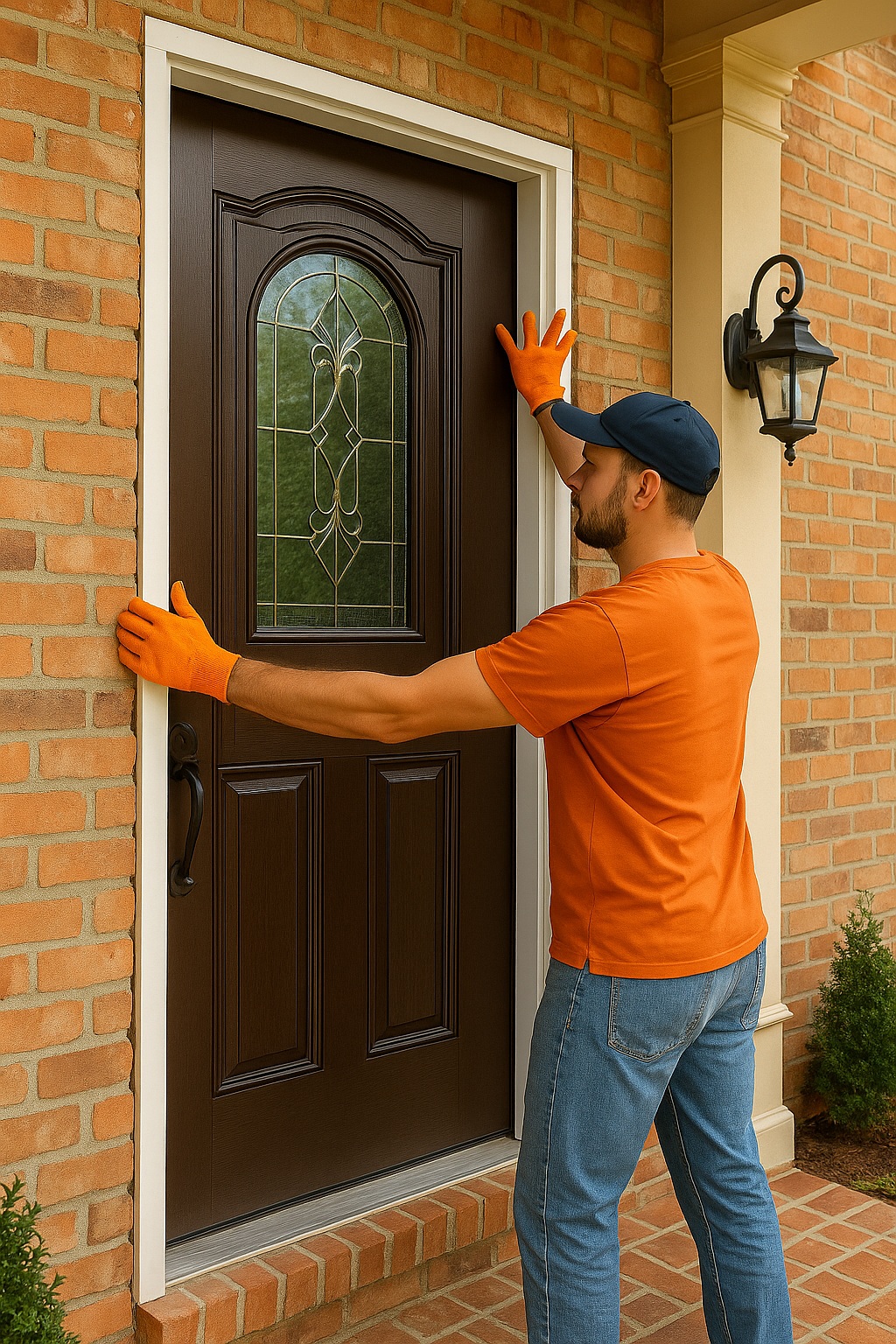 Worker aligning a decorative glass front door during exterior door installation on a brick home entryway