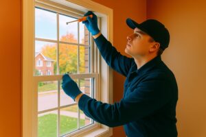 Technician performing expert window installation and replacement in a Winnipeg home, fixing common window problems for better insulation.