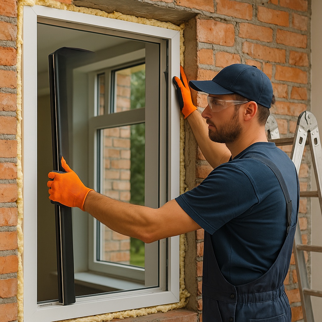 vinyl window installation and replacement in a brick exterior wall with insulated sealing foam