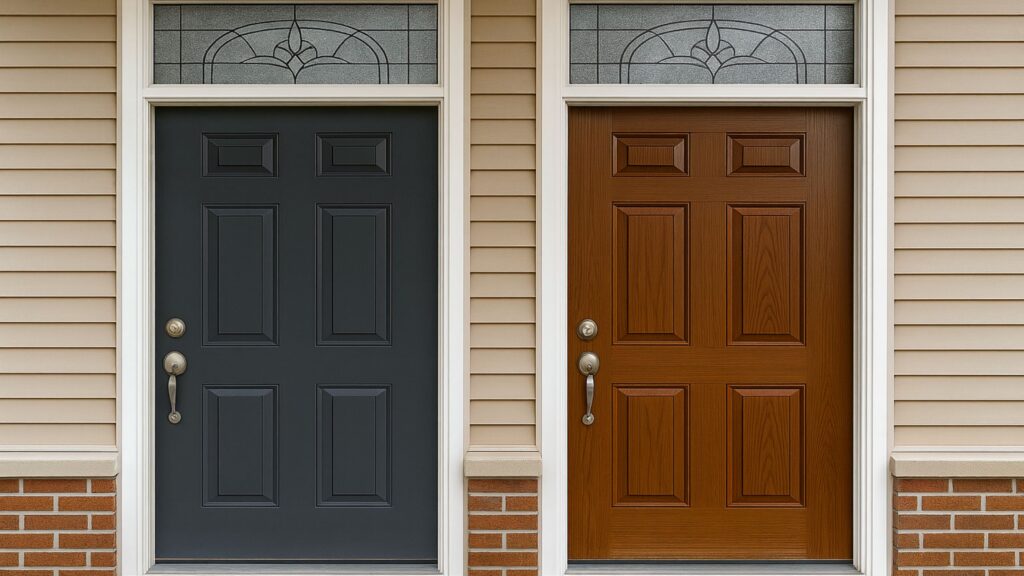 Side-by-side comparison of fiberglass vs. steel doors on a Winnipeg home exterior, showcasing design, durability, and energy-efficient entry options.