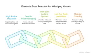 Graphic showing essential front door features for Winnipeg homes, including insulation, weatherstripping, locking systems, glass options, and durability.