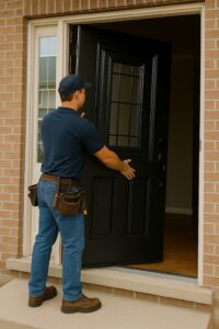 Professional installer fitting a secure front door on a Winnipeg home, highlighting expert door installation and local energy-efficient options.