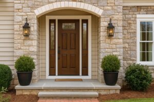 Beautiful front entry door on a Winnipeg home with stone exterior, highlighting why front door choice matters for energy efficiency, curb appeal, and security.
