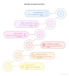 Infographic showing benefits of installing a new front door in Winnipeg homes, including energy efficiency, security, curb appeal, comfort, property value, and low maintenance.