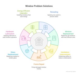 Window problem solutions for Winnipeg homes showing fixes like resealing, glass replacement, frame repair, hardware lubrication, and energy-efficient upgrades.