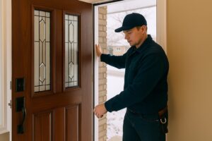 Technician installing a front entry door in a Winnipeg home during winter, showcasing professional fiberglass and steel door installation services.